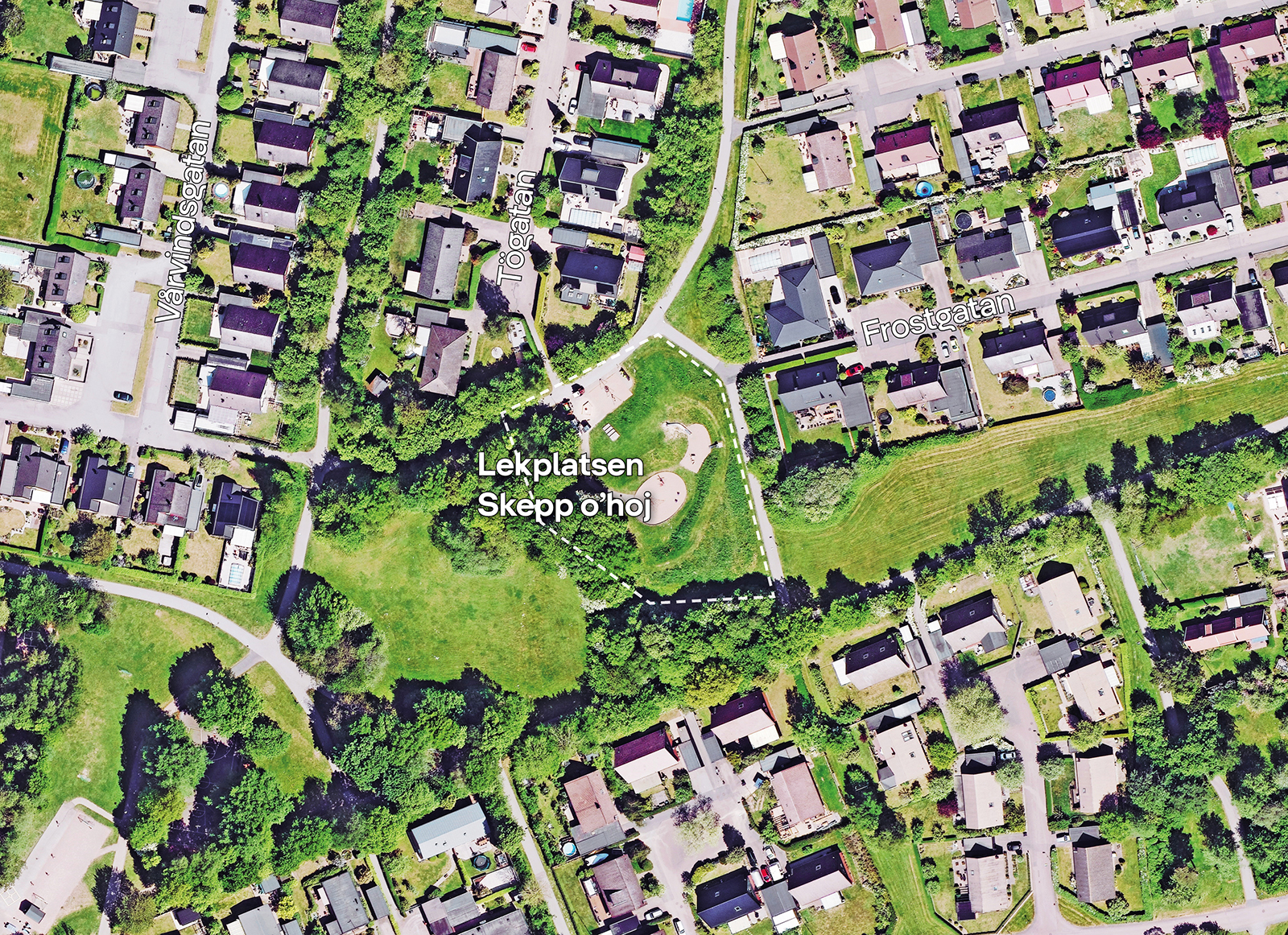 En karta över området i Ödåkra där lekplatsen Skepp o'hoj är markerad