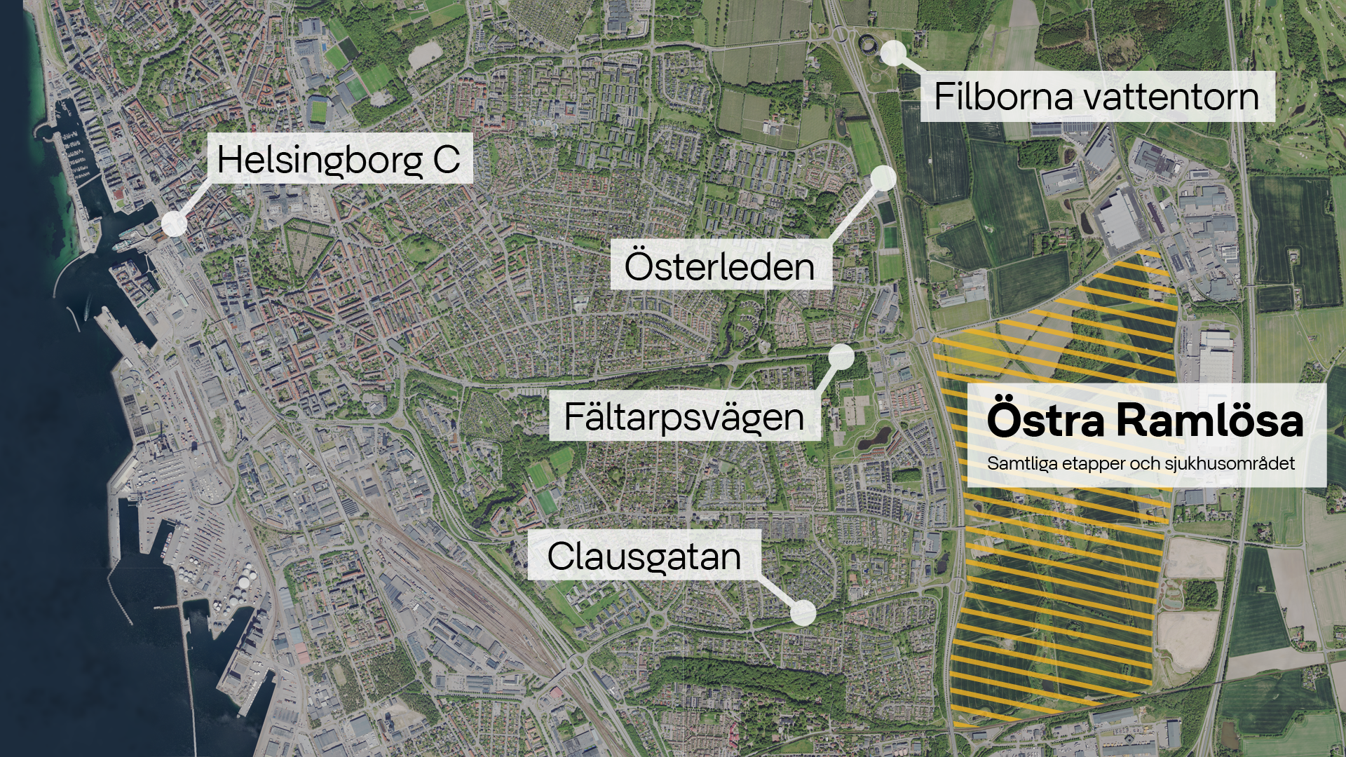 Flygfoto med området Östra Ramlösa markerat