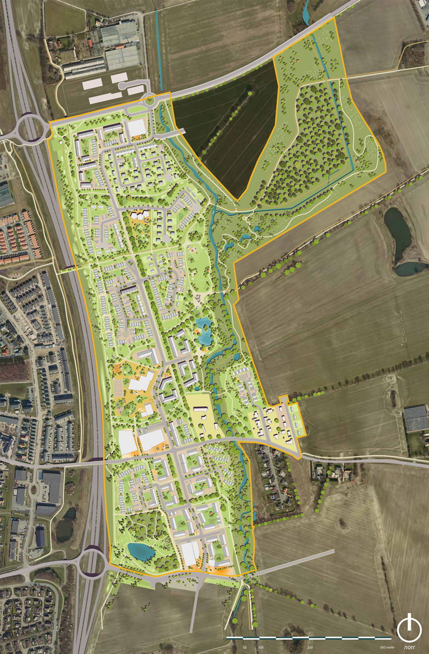 Flygfoto över området med illustration av den nya stadsdelen