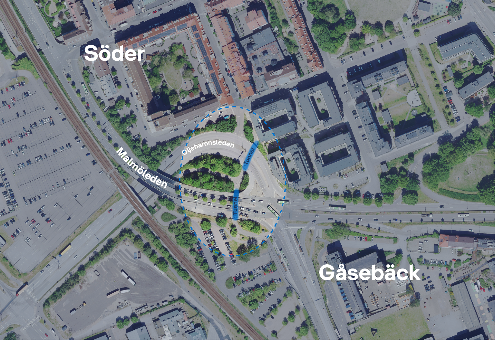 Karta över området där tunneln ligger men själva tunneln markerad