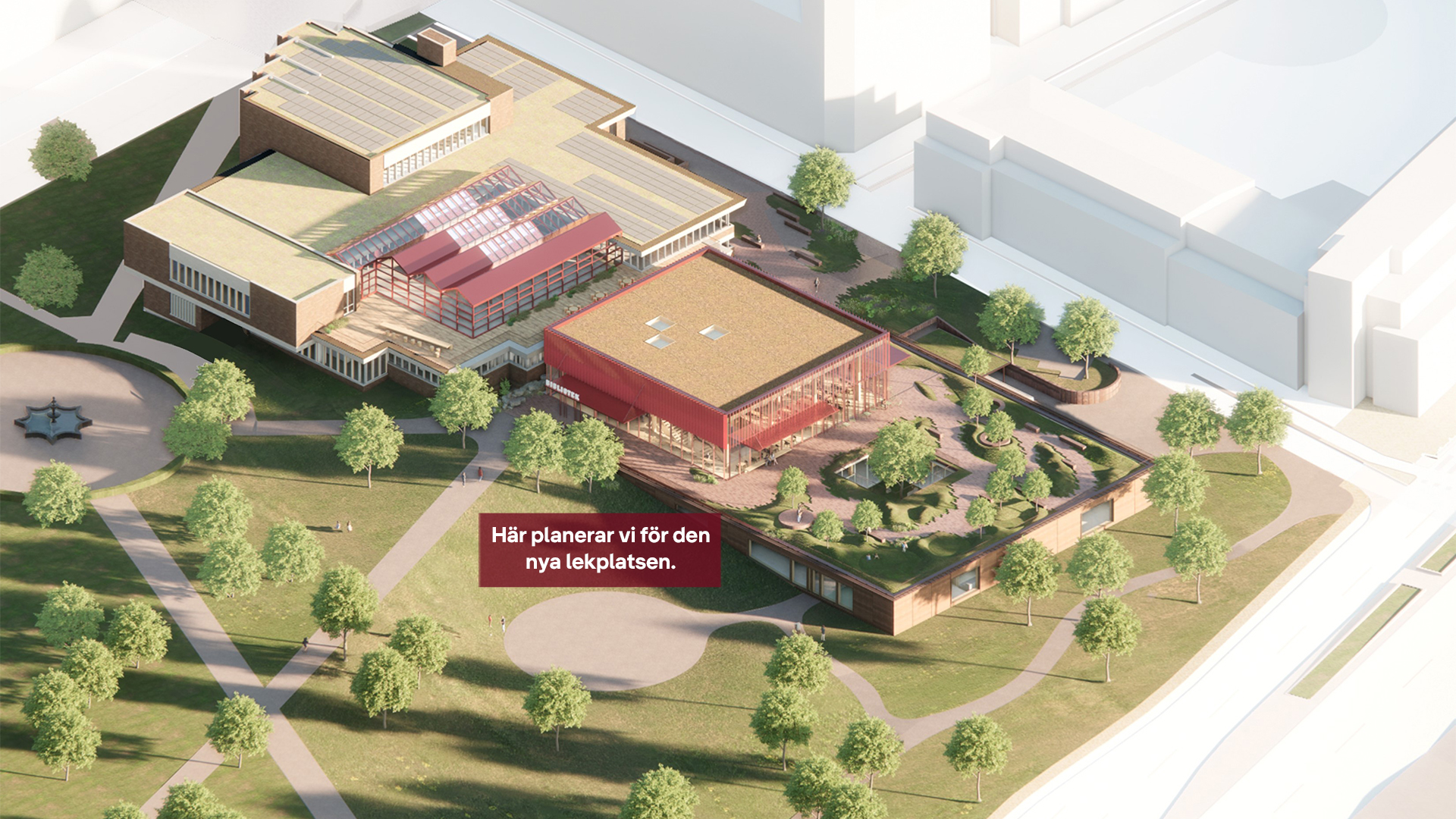 Illustration av Bilden är en illustration av hur stadsbibliotekets om- och tillbyggnad ska se ut. Den nya lekplatsen i Stadsparken planeras att ligga norr om tillbyggnaden.