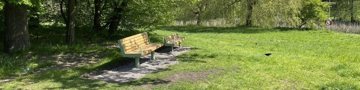 Två bänkar under ett några träd